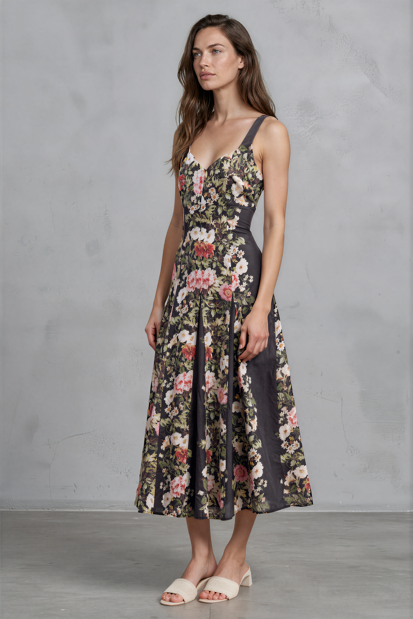 Woman wearing a floral dress against a gray background