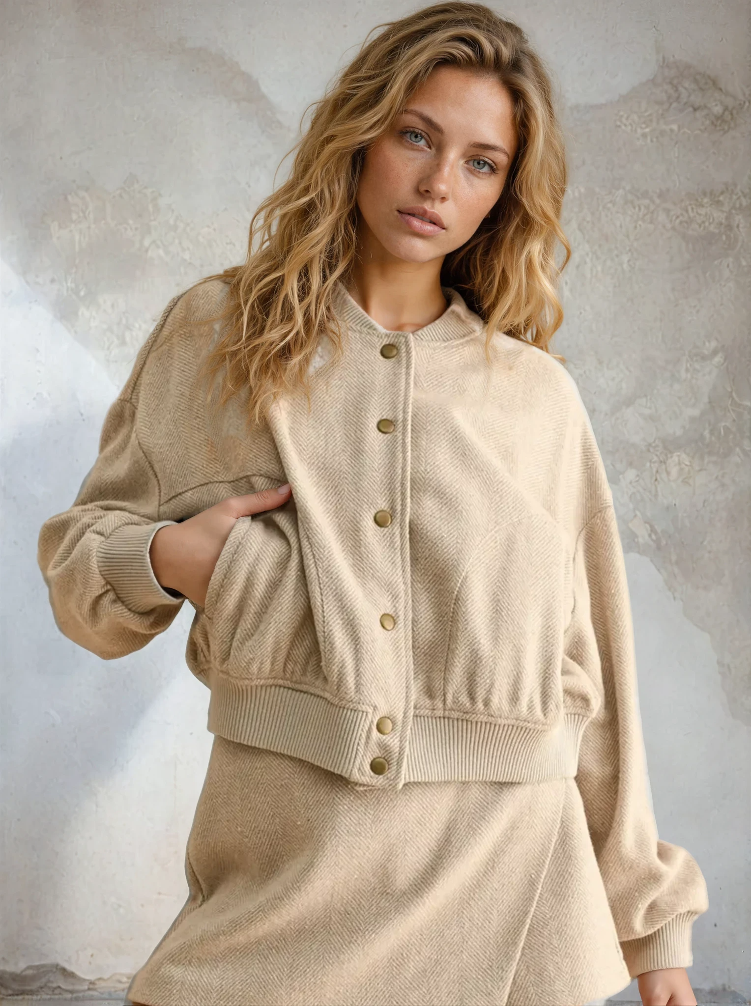 Woman wearing a beige cardigan over a dress against a textured wall background