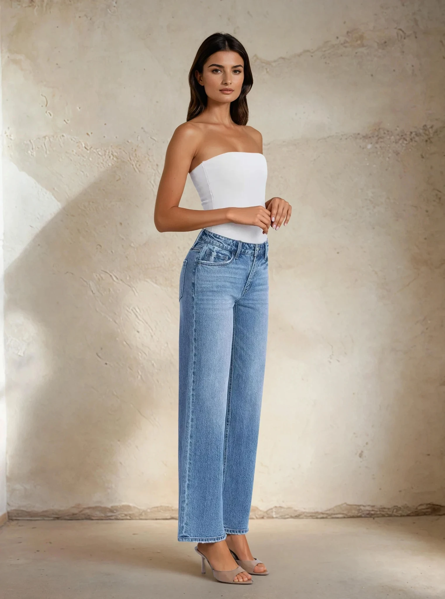 Woman wearing a white strapless top and blue jeans against a neutral background