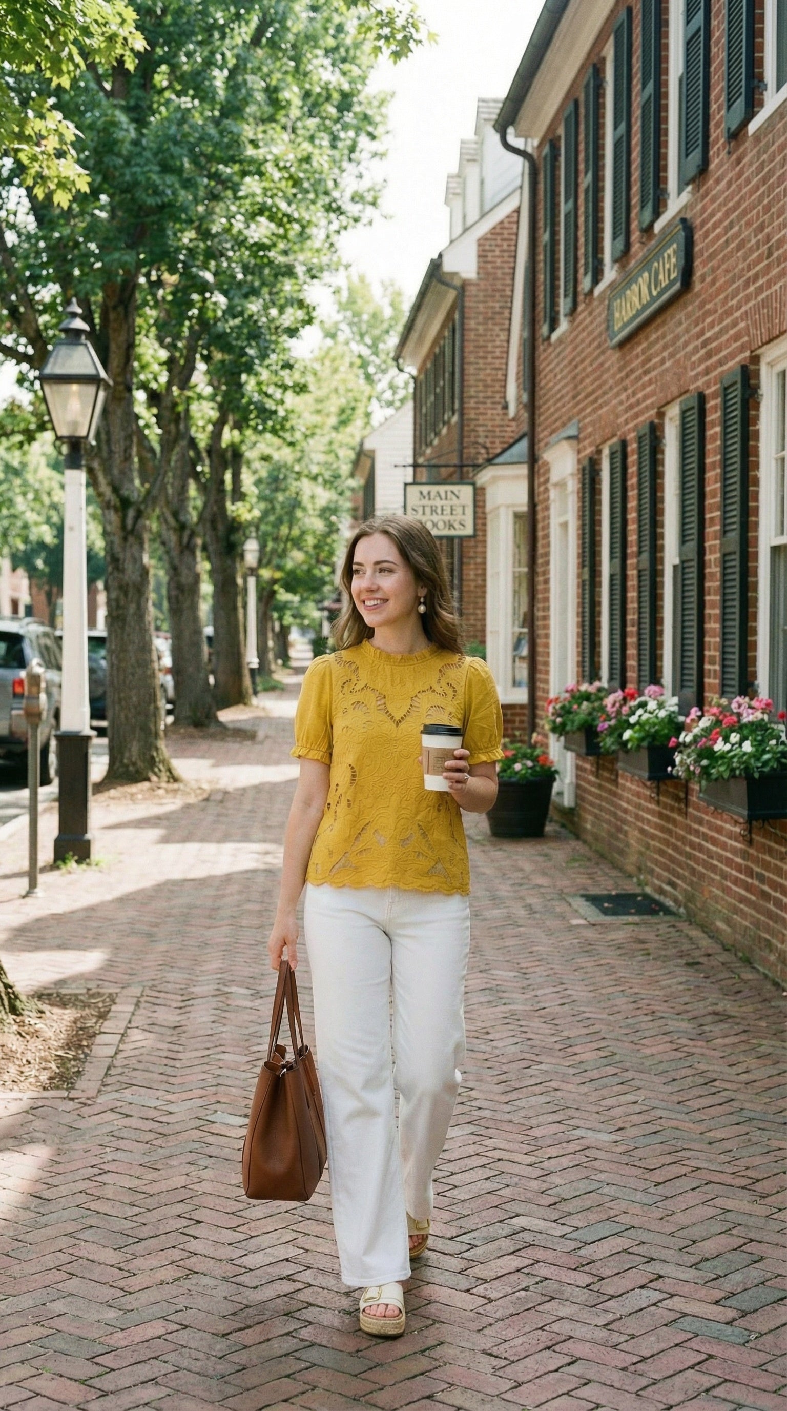 Woman walking down a street holding a coffee cup and a handbag