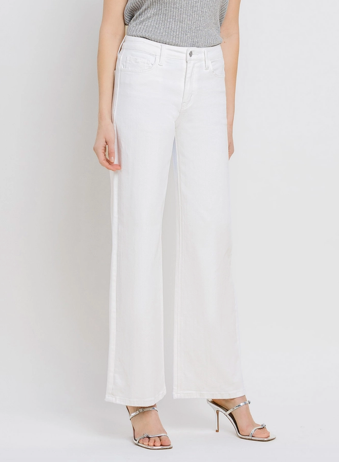 Person wearing white wide-leg pants on a plain background