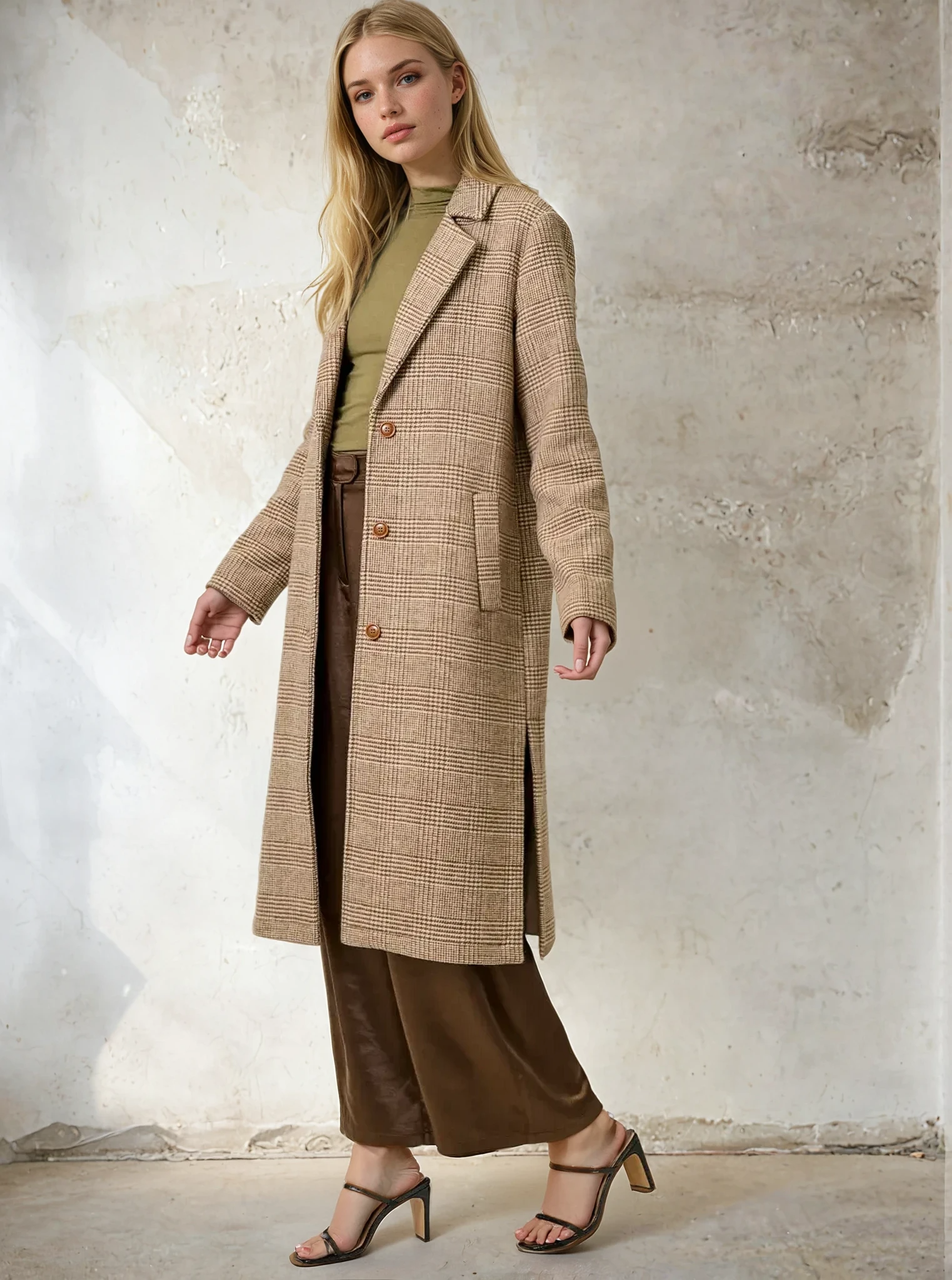 Woman wearing a long beige coat against a neutral background