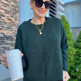 Solid Crewneck Front Seam Knit Sweater - Hunter Green