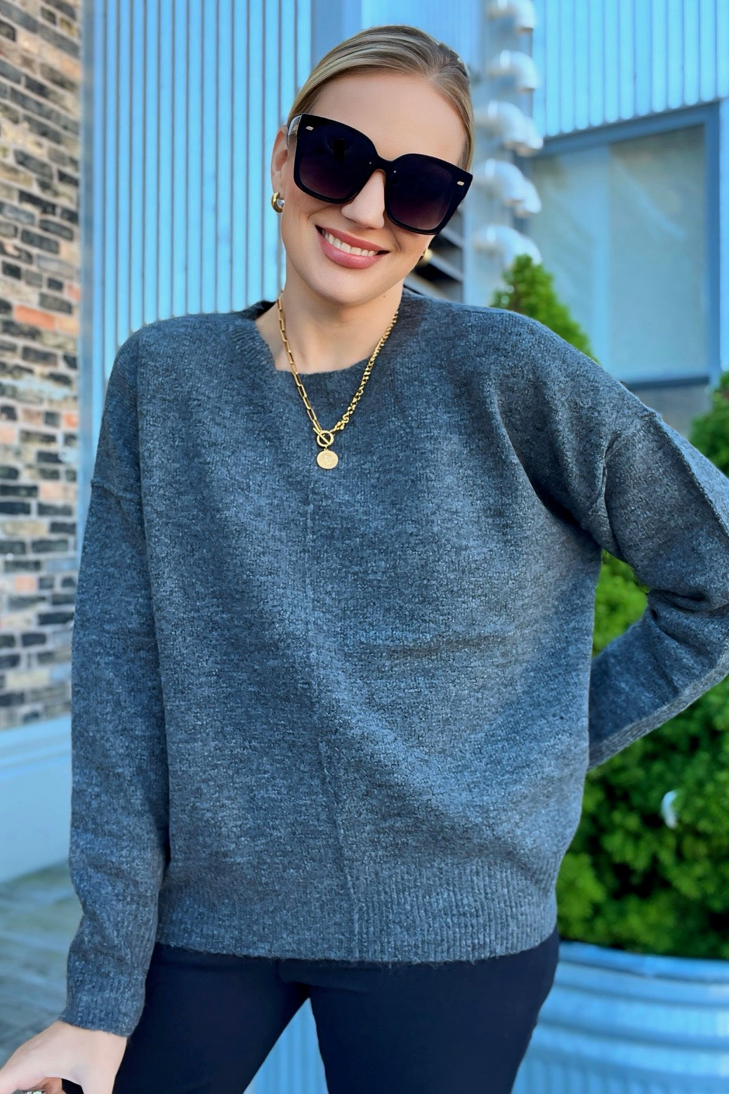 Solid Crewneck Front Seam Knit Sweater -Charcoal