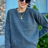 Solid Crewneck Front Seam Knit Sweater -Charcoal