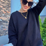 Solid Crewneck Front Seam Knit Sweater -Black