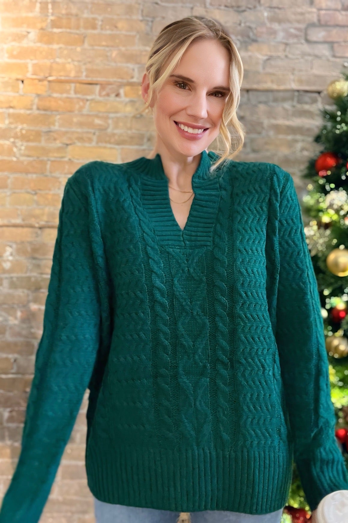 V-Neck Casual Cable Knitted Sweater Hunter Green