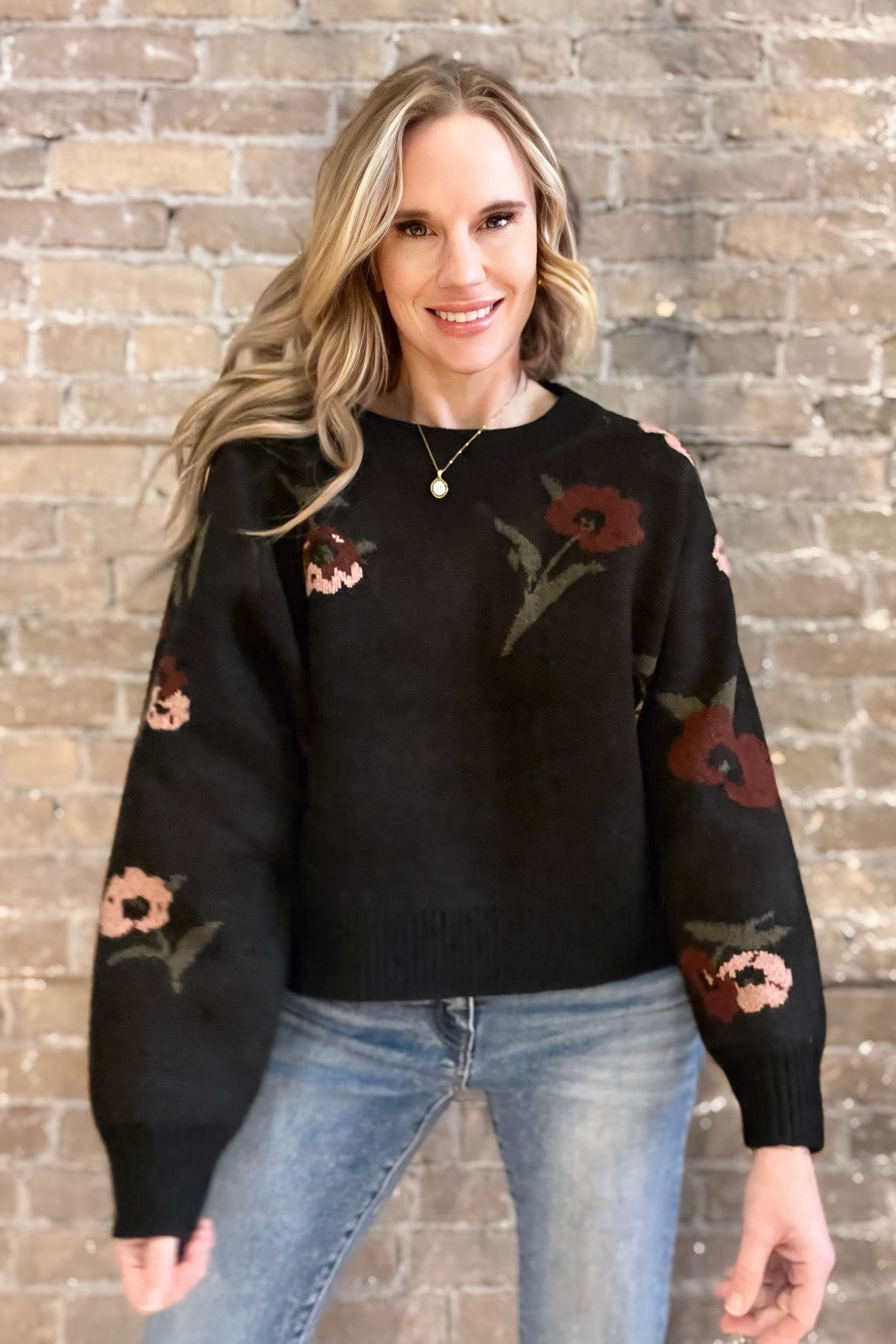 Printed Floral Sweater Black