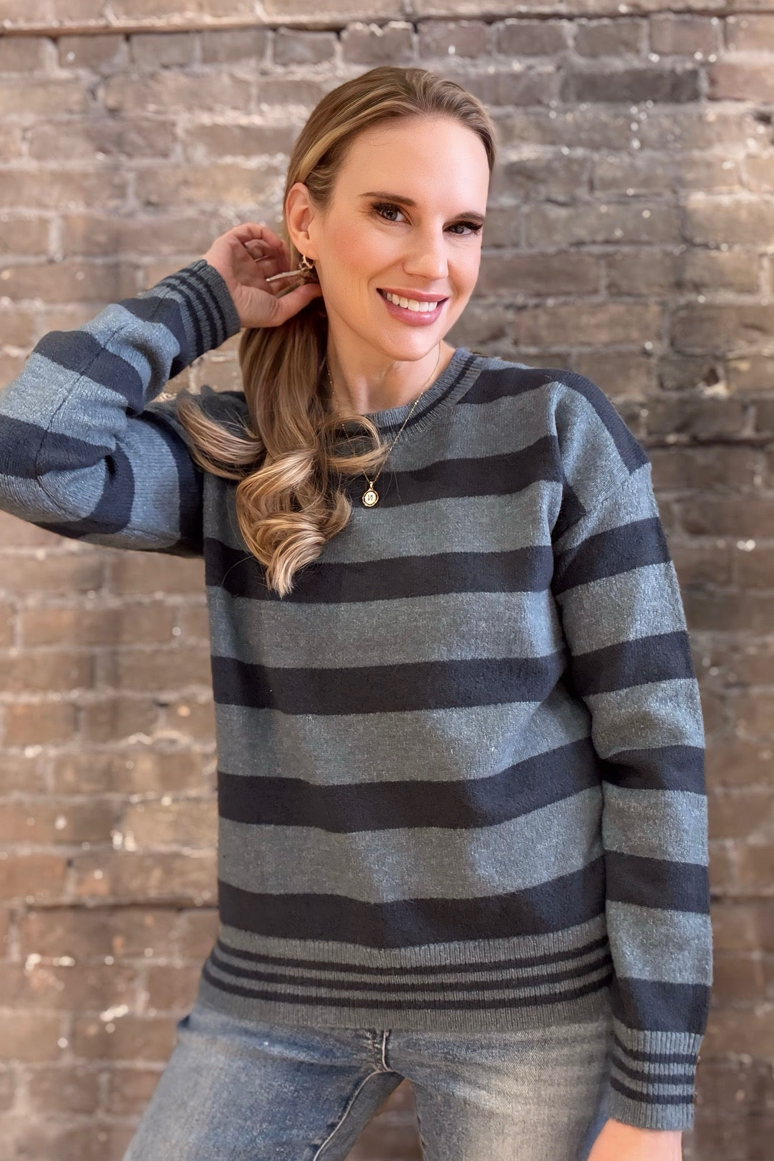 Relaxed Horizontal Striped Sweater Navy Blue