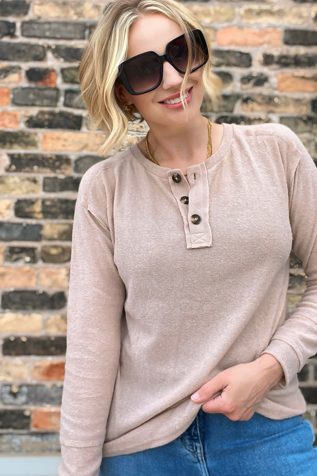 Button Split Neck Long Sleeve Top