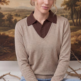The Kate Collared Sweater Taupe/Dark Brown