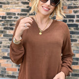 Brushed Rib V-Neck Raglan Top Coffee