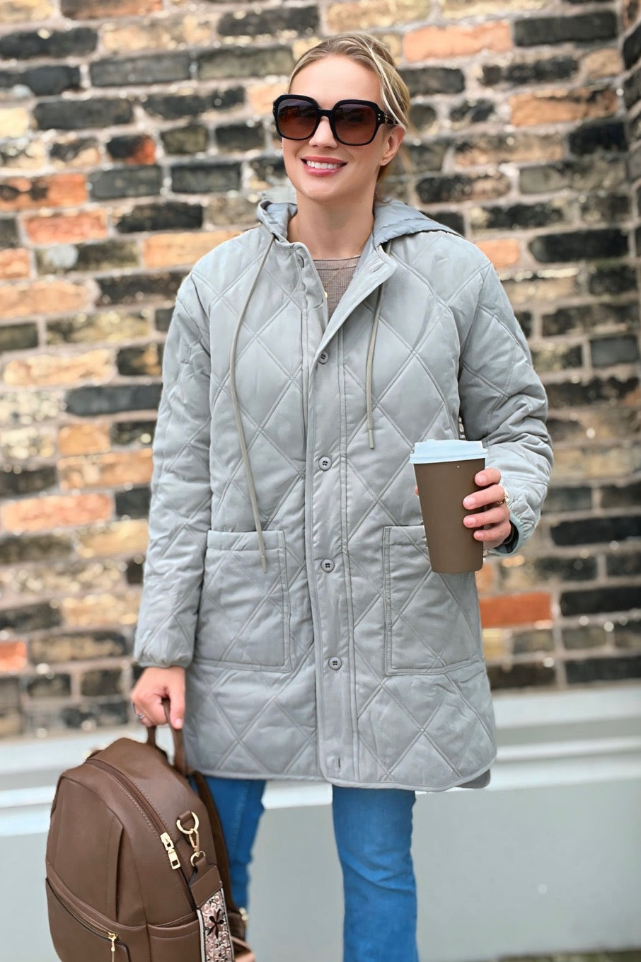 Quilted Button Down Jacket Warm Sage