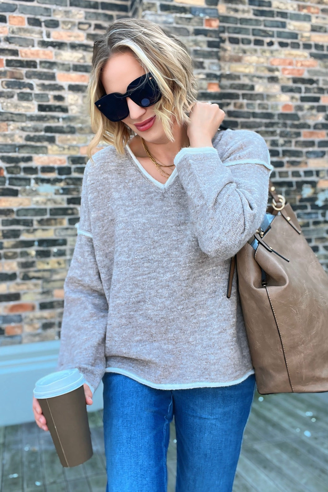 V-Neck Pullover Sweater Top Oatmeal