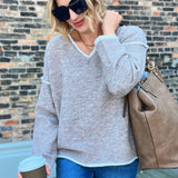 V-Neck Pullover Sweater Top Oatmeal