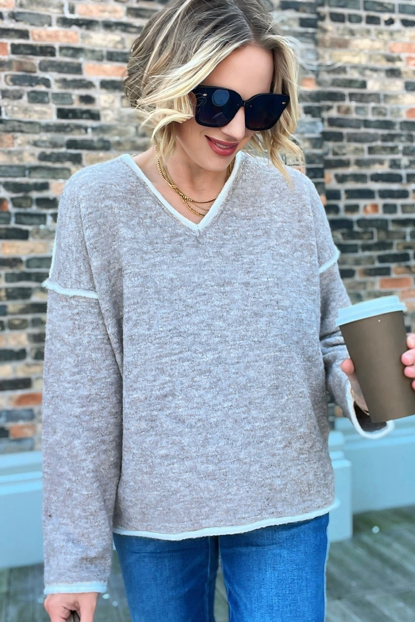 V-Neck Pullover Sweater Top Oatmeal