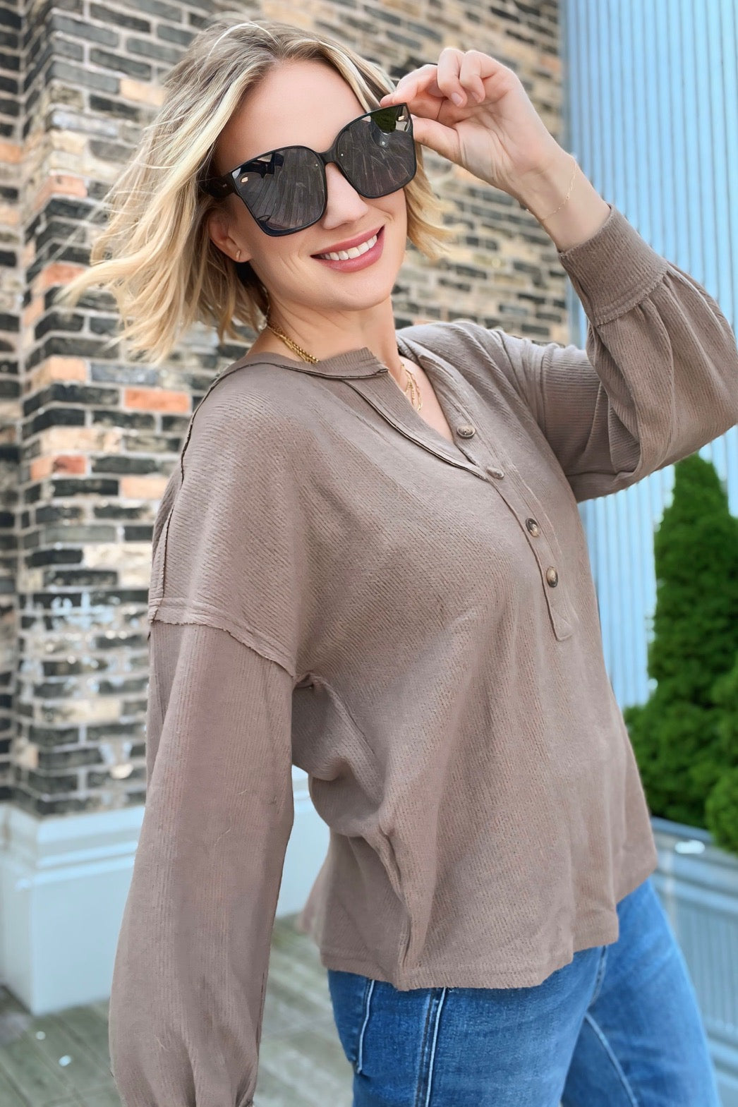 V-Neck Half Button Top Taupe