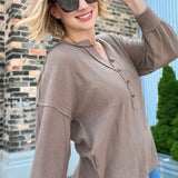 V-Neck Half Button Top Taupe