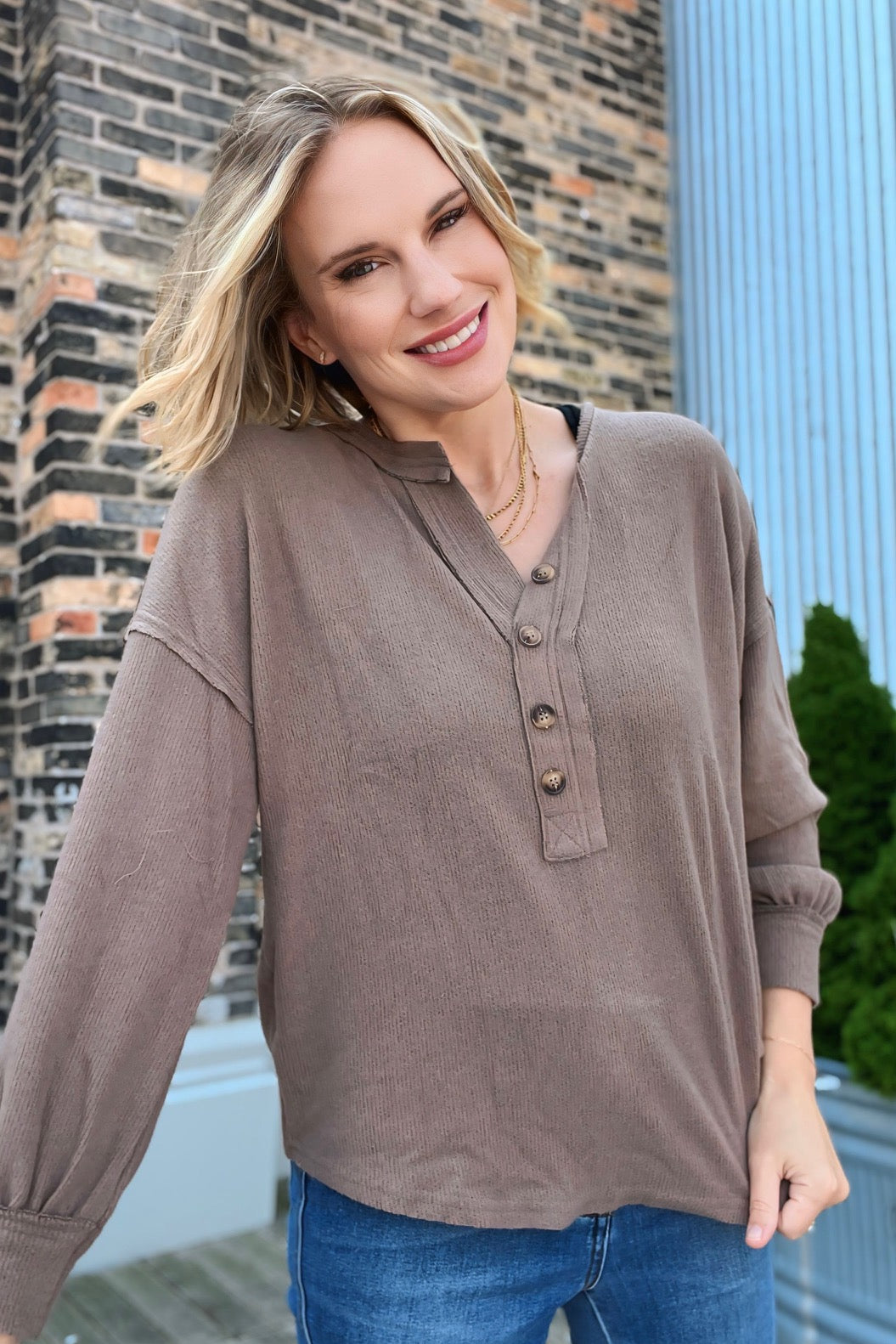 V-Neck Half Button Top Taupe