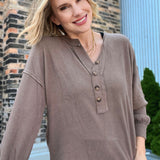 V-Neck Half Button Top Taupe