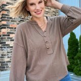 V-Neck Half Button Top Taupe