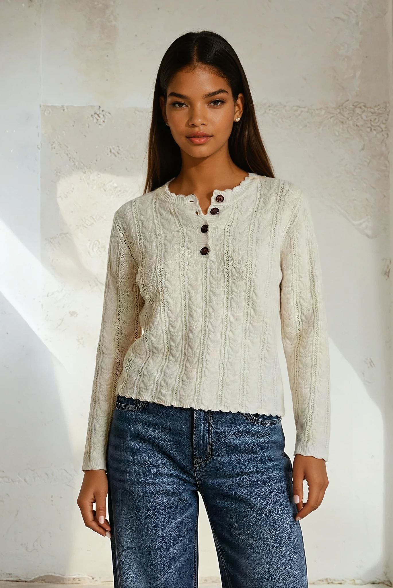Cable Knit Button Henley Sweater