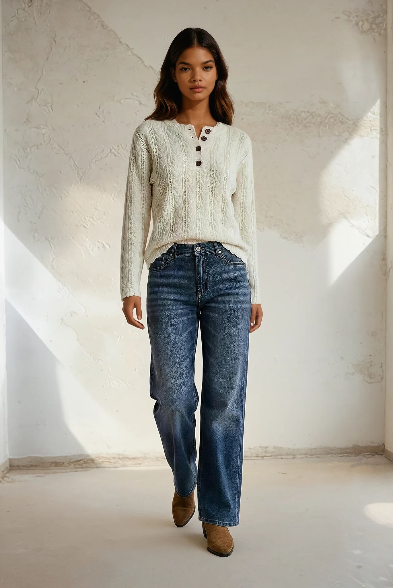 Cable Knit Button Henley Sweater