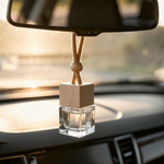 Car air freshener hanging from the rearview mirror with a blurred background