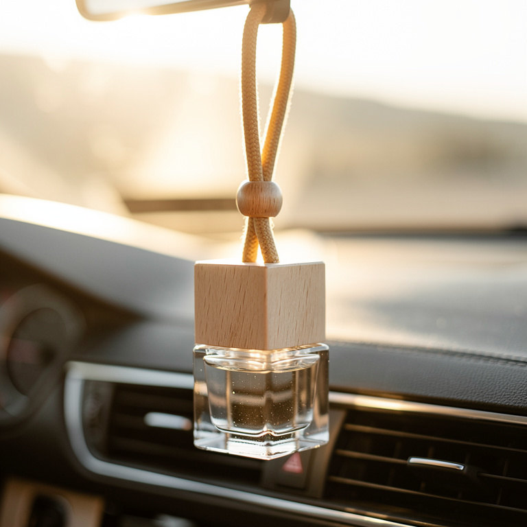 Car air freshener with wooden top and clear base hanging from a car's rearview mirror.