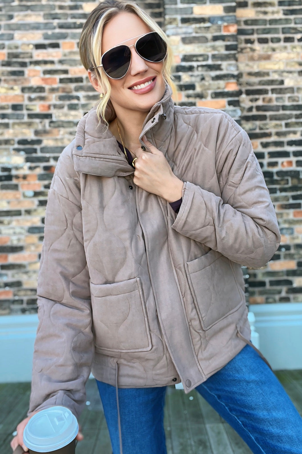 Quilted Puffer Collared Jacket Taupe