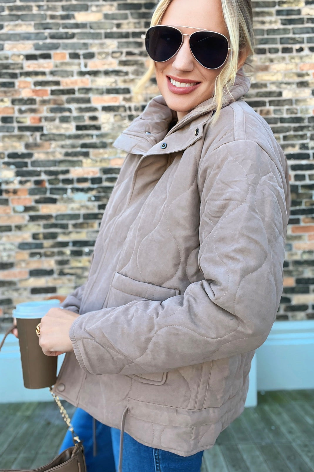 Quilted Puffer Collared Jacket Taupe