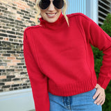 Reverse Hem Red Mock Neck Sweater