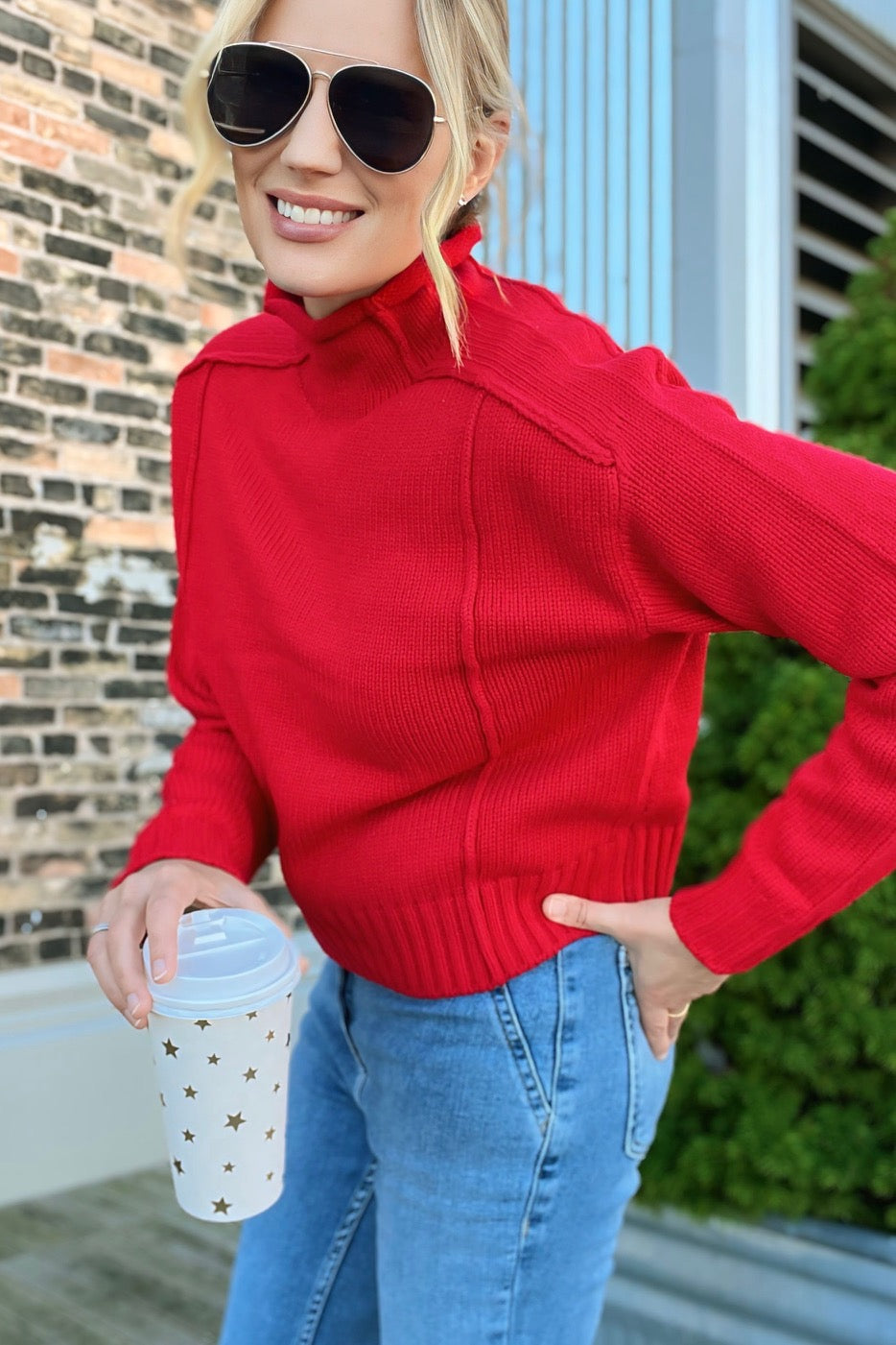 Reverse Hem Red Mock Neck Sweater