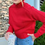 Reverse Hem Red Mock Neck Sweater