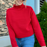 Reverse Hem Red Mock Neck Sweater