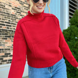 Reverse Hem Red Mock Neck Sweater