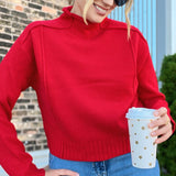 Reverse Hem Red Mock Neck Sweater