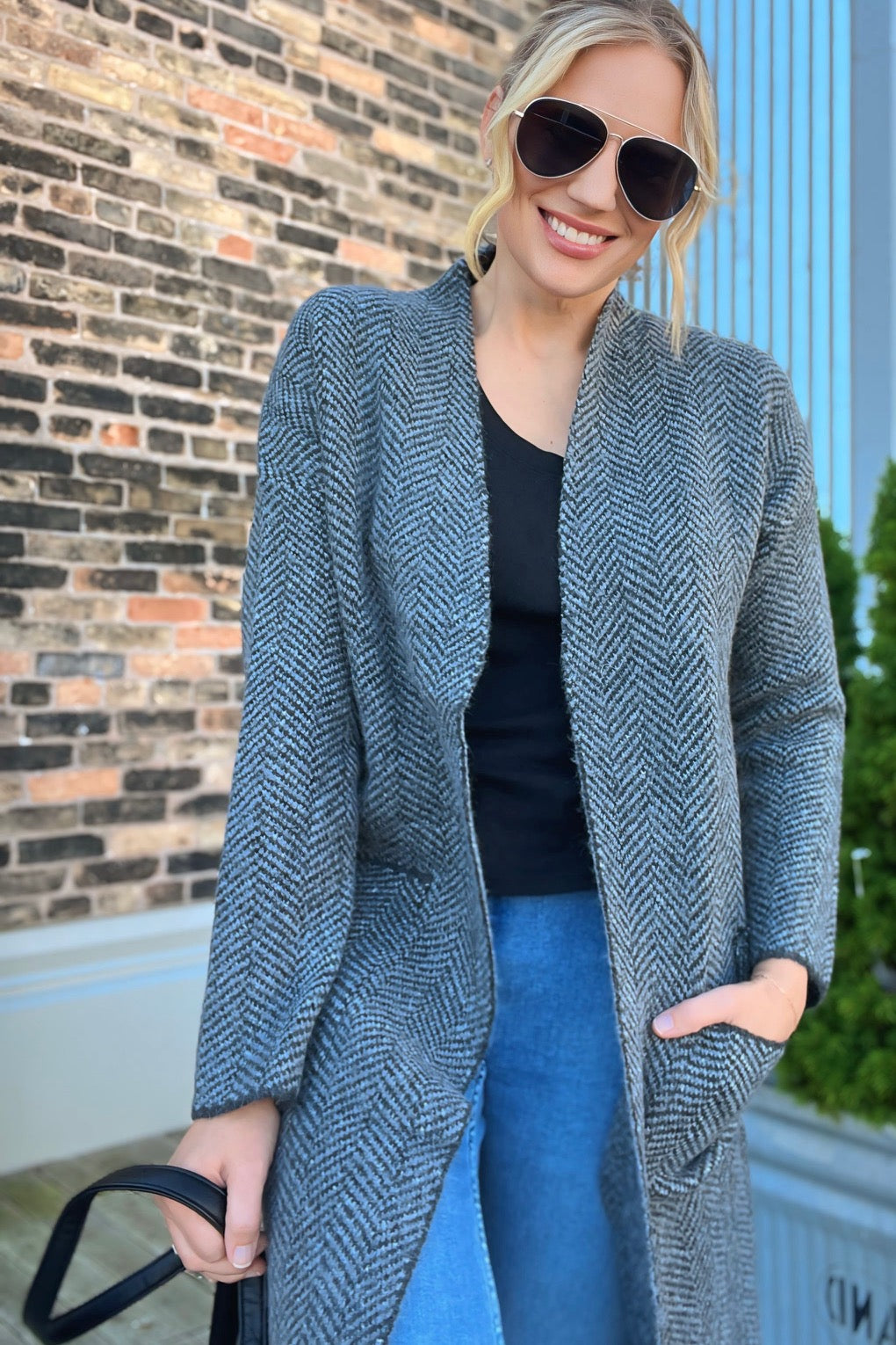 Herringbone Patterned Open Front Cardigan Charcoal