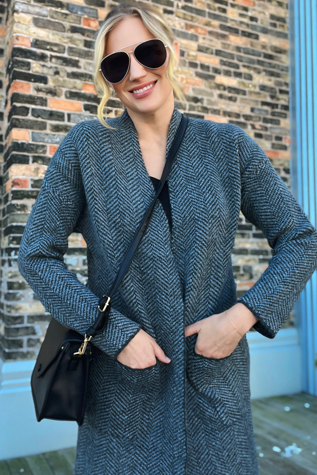 Herringbone Patterned Open Front Cardigan Charcoal