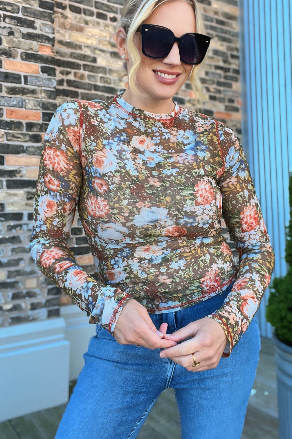 Floral Sheer Long-Sleeve Top Hazelnut