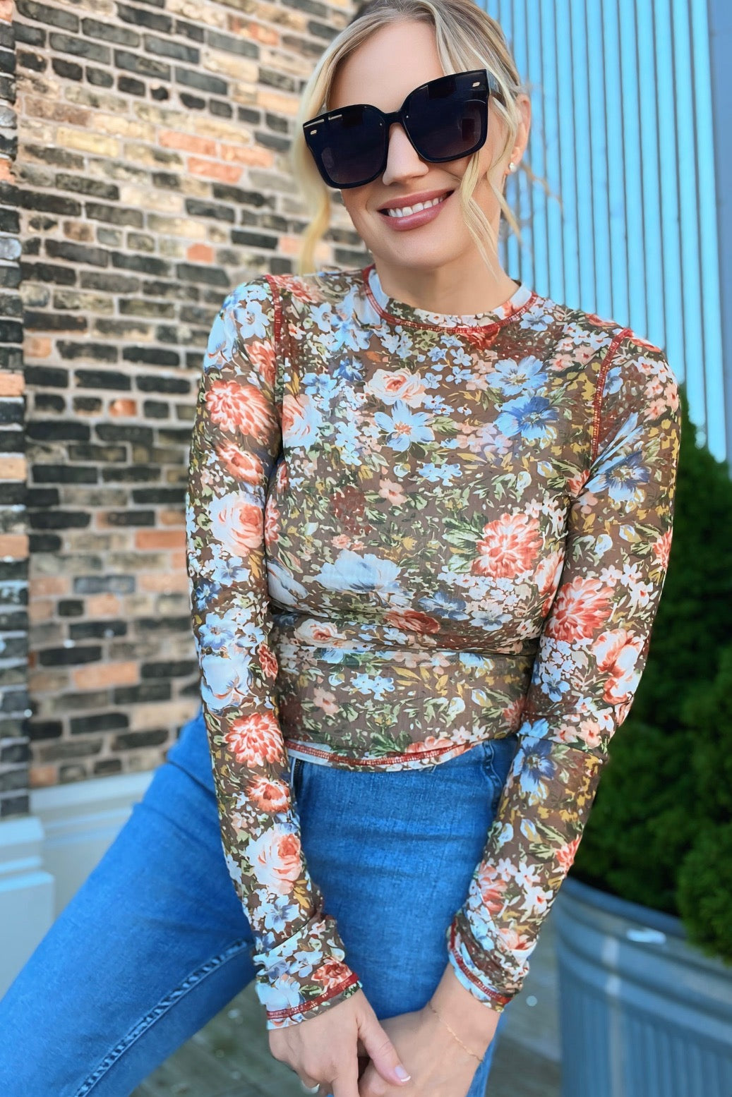 Floral Sheer Long-Sleeve Top Hazelnut