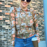 Floral Sheer Long-Sleeve Top Hazelnut