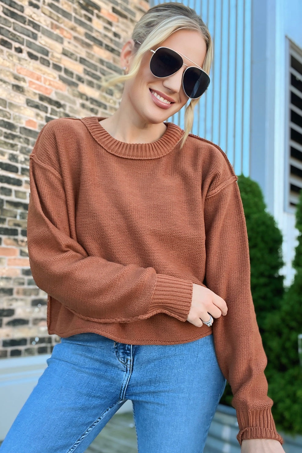 Cropped Oversized Knit Sweater Rust