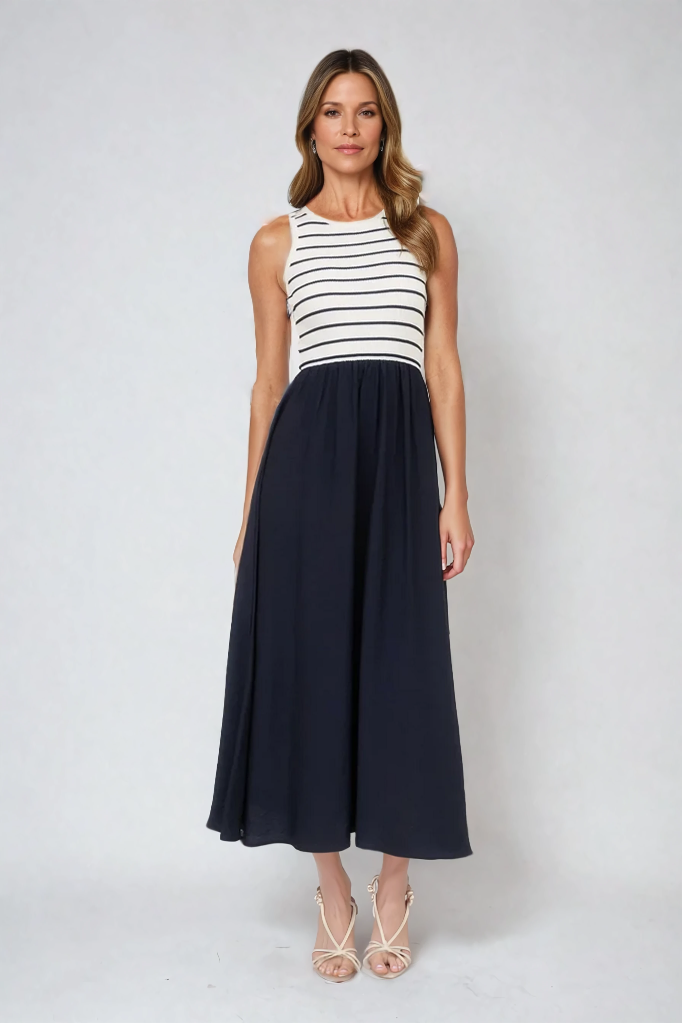 Stripe Tank Mixed Media Midi Dress Ivory