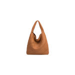 Brown woven handbag on a white background