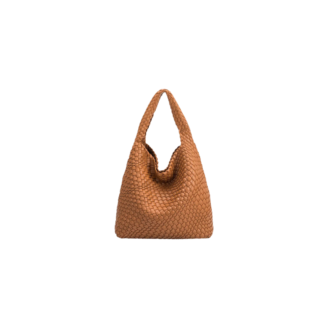Brown woven handbag on a white background