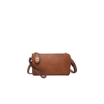 Brown leather handbag with a strap on a white background