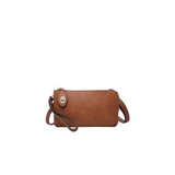 Brown leather handbag with a strap on a white background