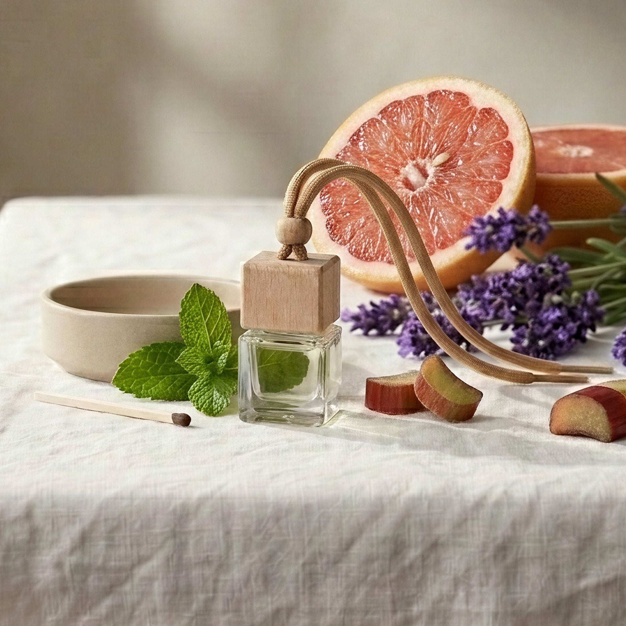 Table setting with a bowl, glass, and grapefruit on a white tablecloth against a neutral wall.