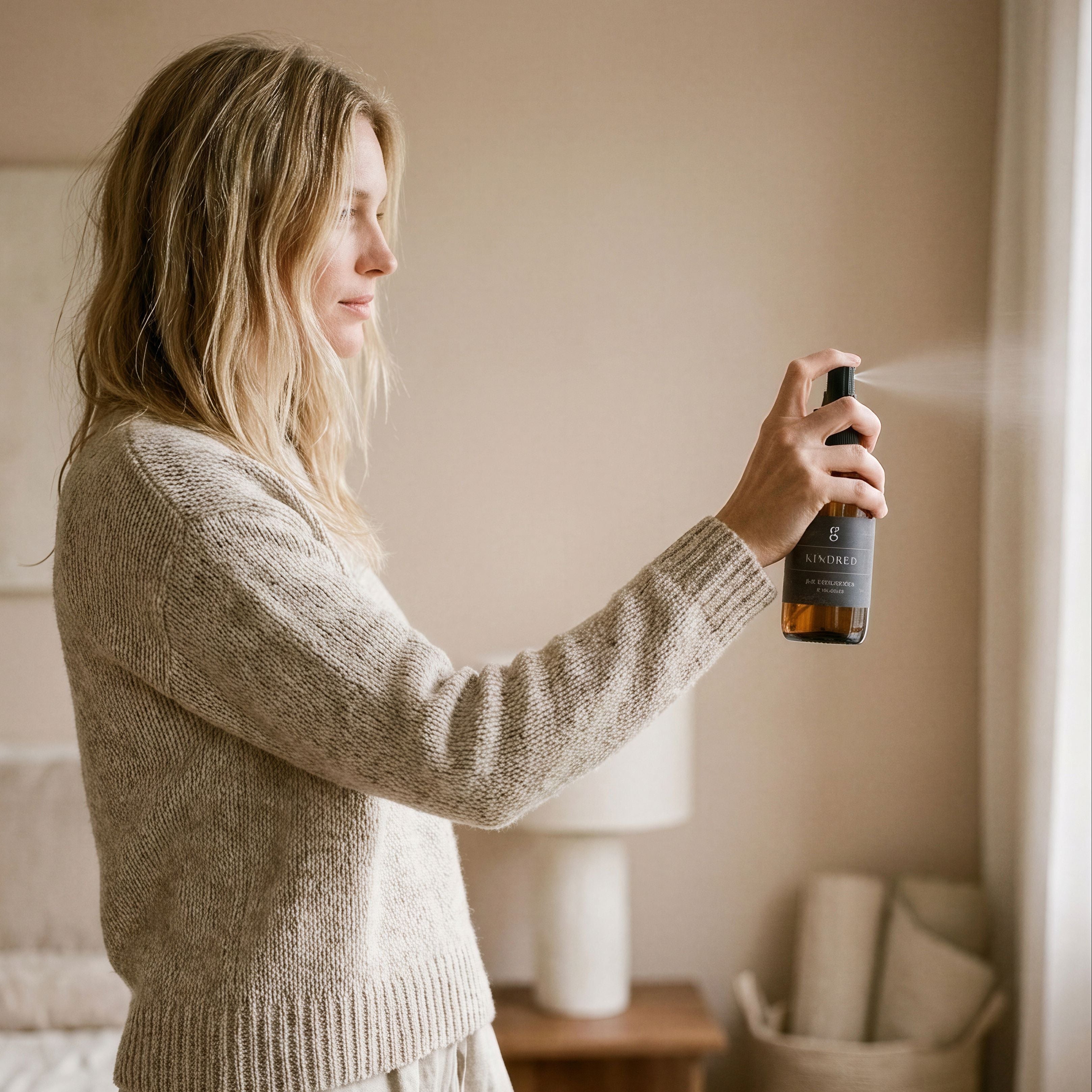 Woman in a beige sweater and pants holding a spray bottle in a bedroom.